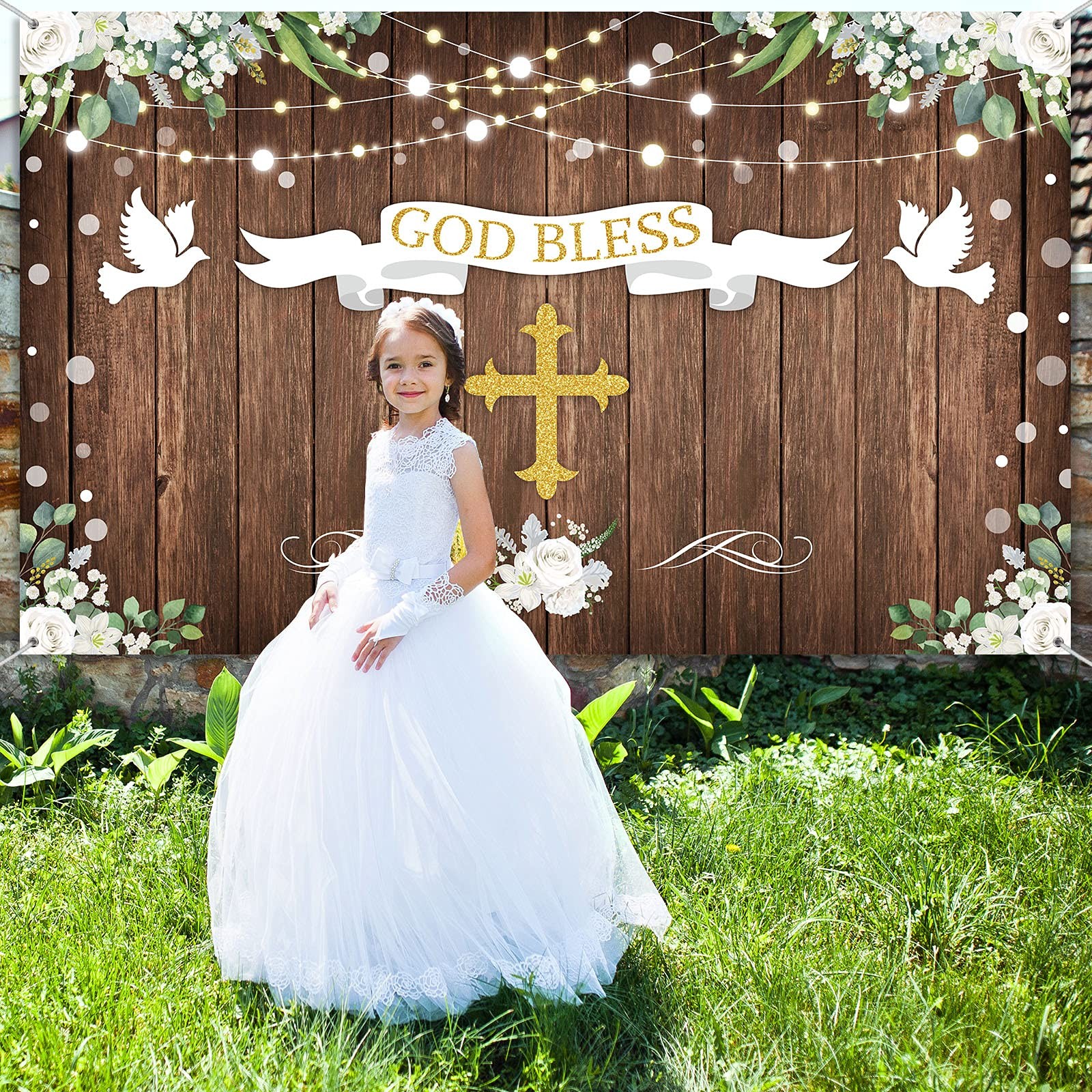 Tegeme Baptism Decoration Rustic God Bless Baptism Backdrop First Holy Commun…