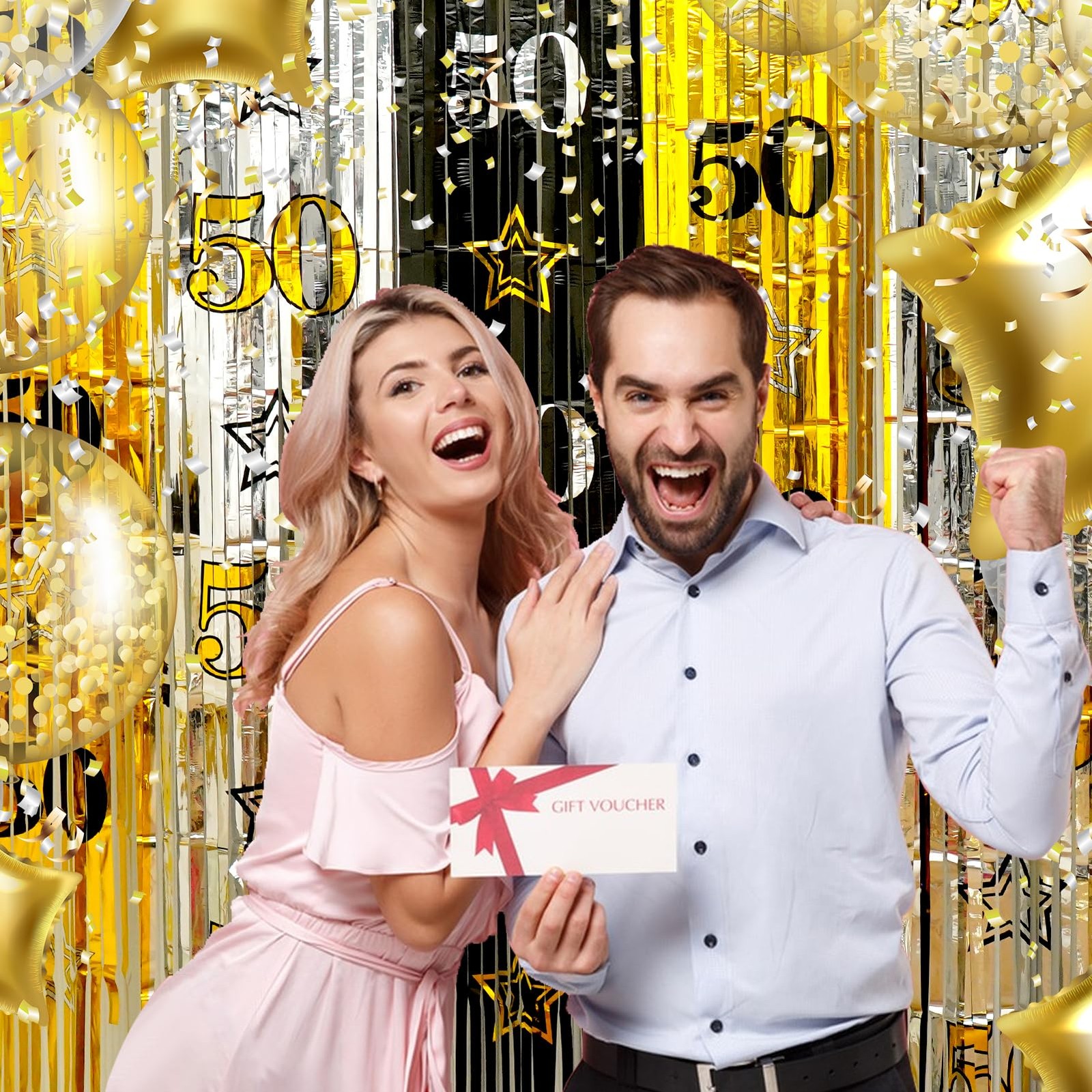 2 PCS 3.3×6.6ft 50th Birthday Backdrop, Black Gold Silver, Foil Fringe Curtain