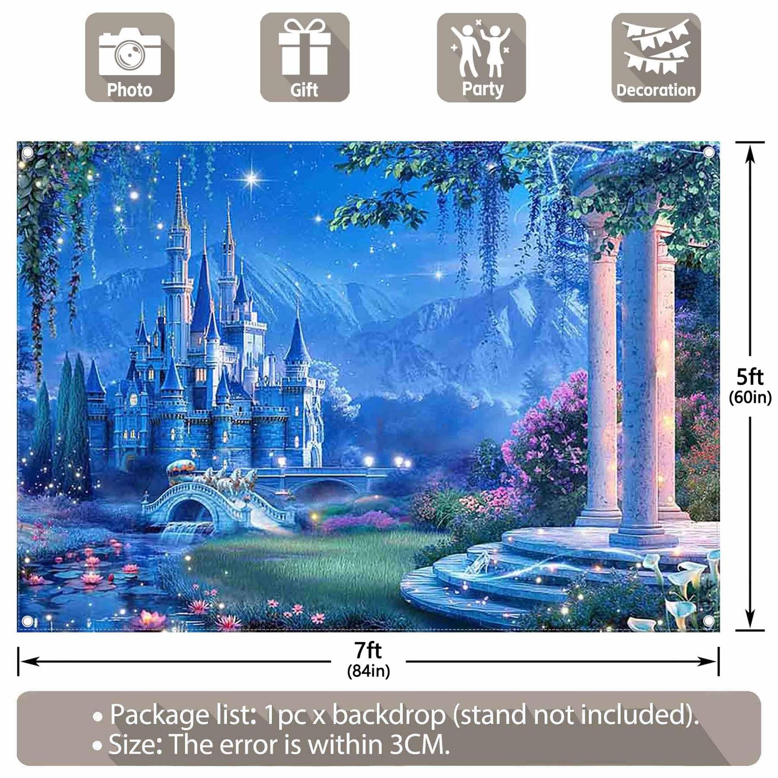 7x5ft Fairytale Castle Backdrop Blue Princess Shining Night Sky Photography