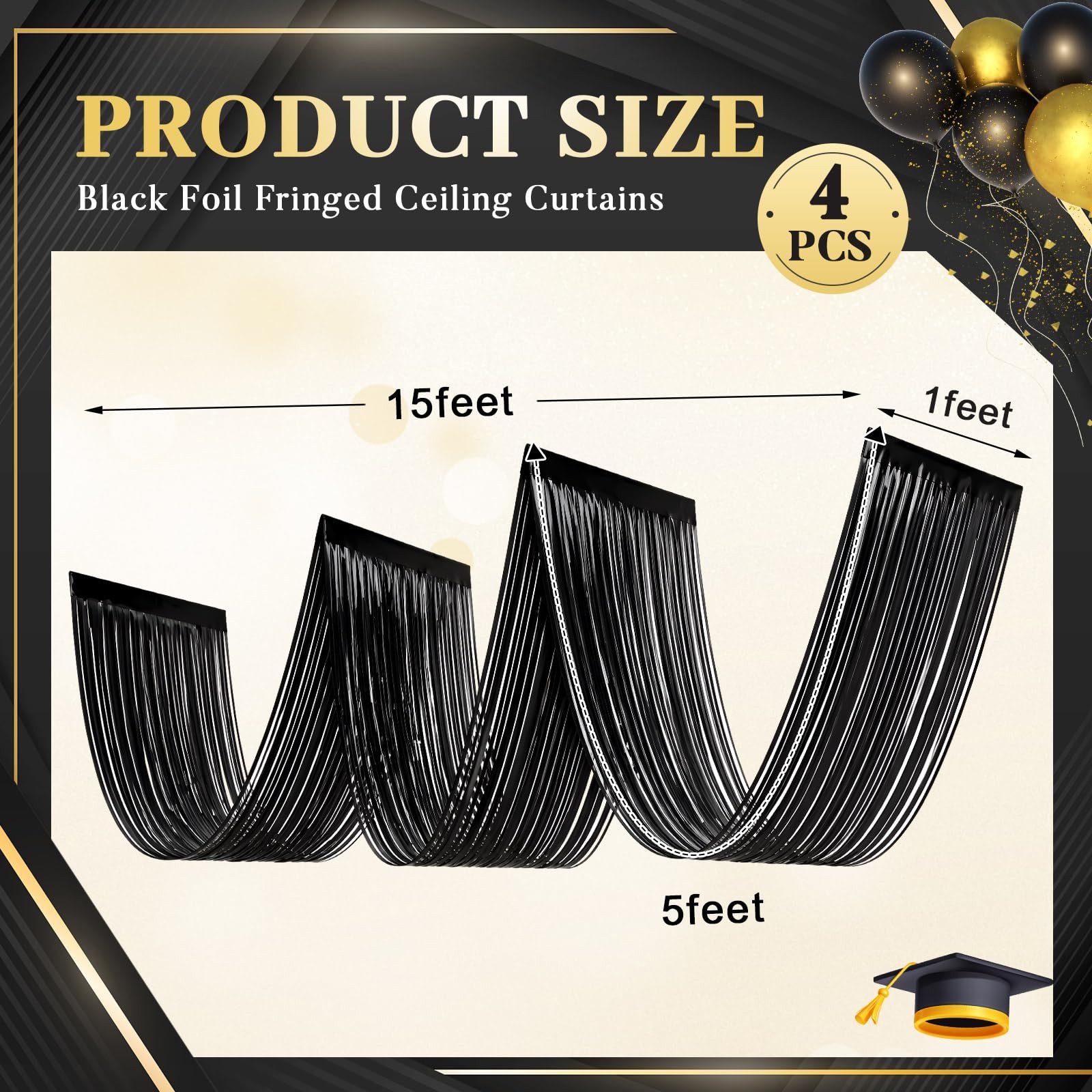 4 PCS 15ft Black Metallic Foil Ceiling Fringe Curtains Party Photo Backdrop