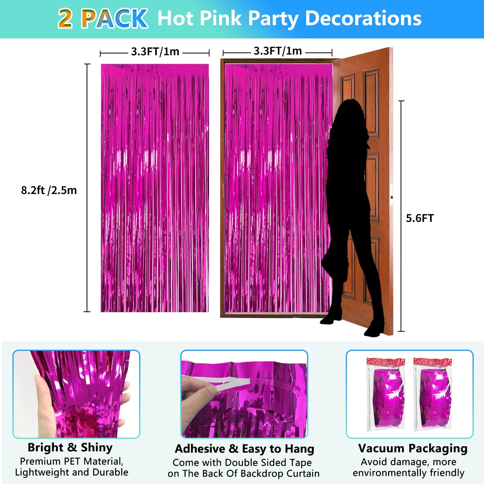 2 Pack Hot Pink Backdrop Party Decorations Tinsel Foil Fringe Curtain Backdrop