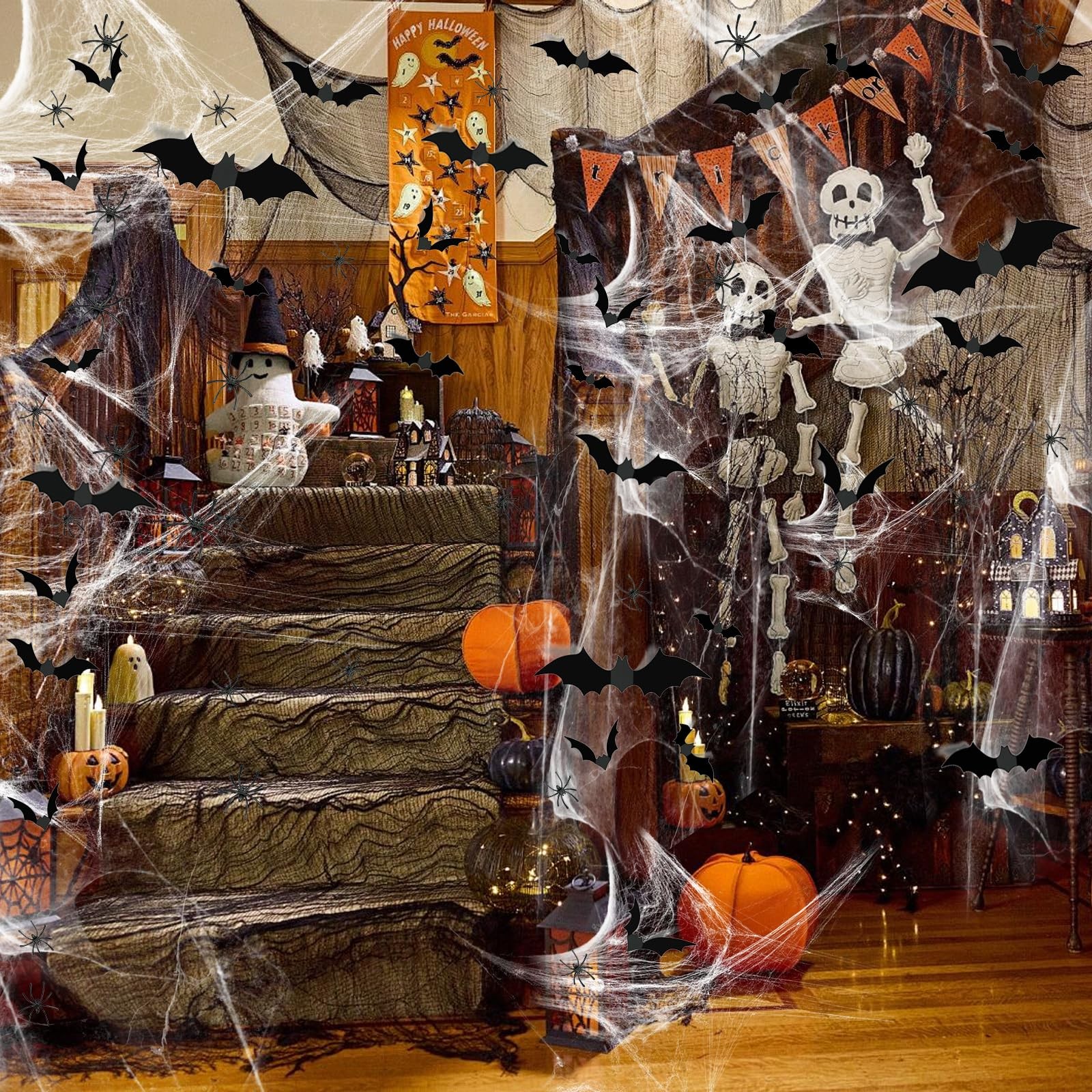 Halloween Spider Webs Decor 1200sqft Stretch Cobwebs 120 Bats 50 Spiders Indoor