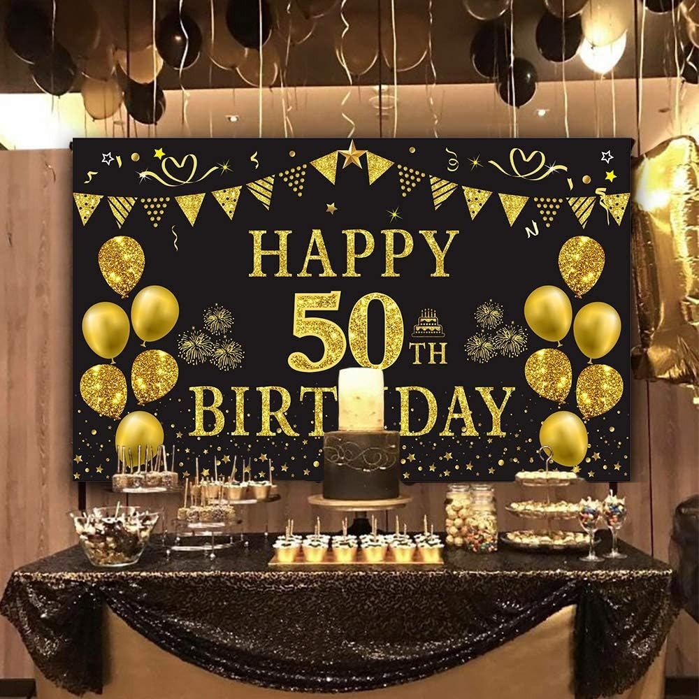 Elegant Gold & Black 50th Birthday Banner – 5.9ft x 3.6ft Photography Backdrop