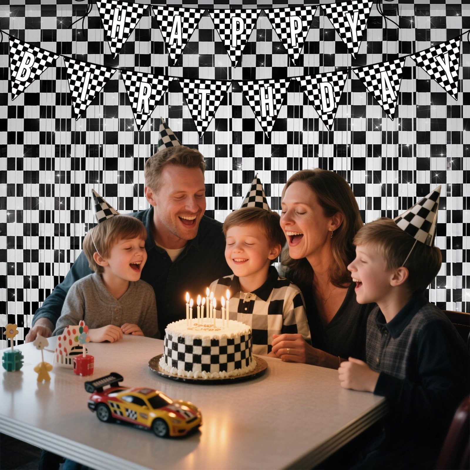 Black White Race Car Foil Fringe Curtains 3.28×6.56 Ft 4 Pack Theme Decor