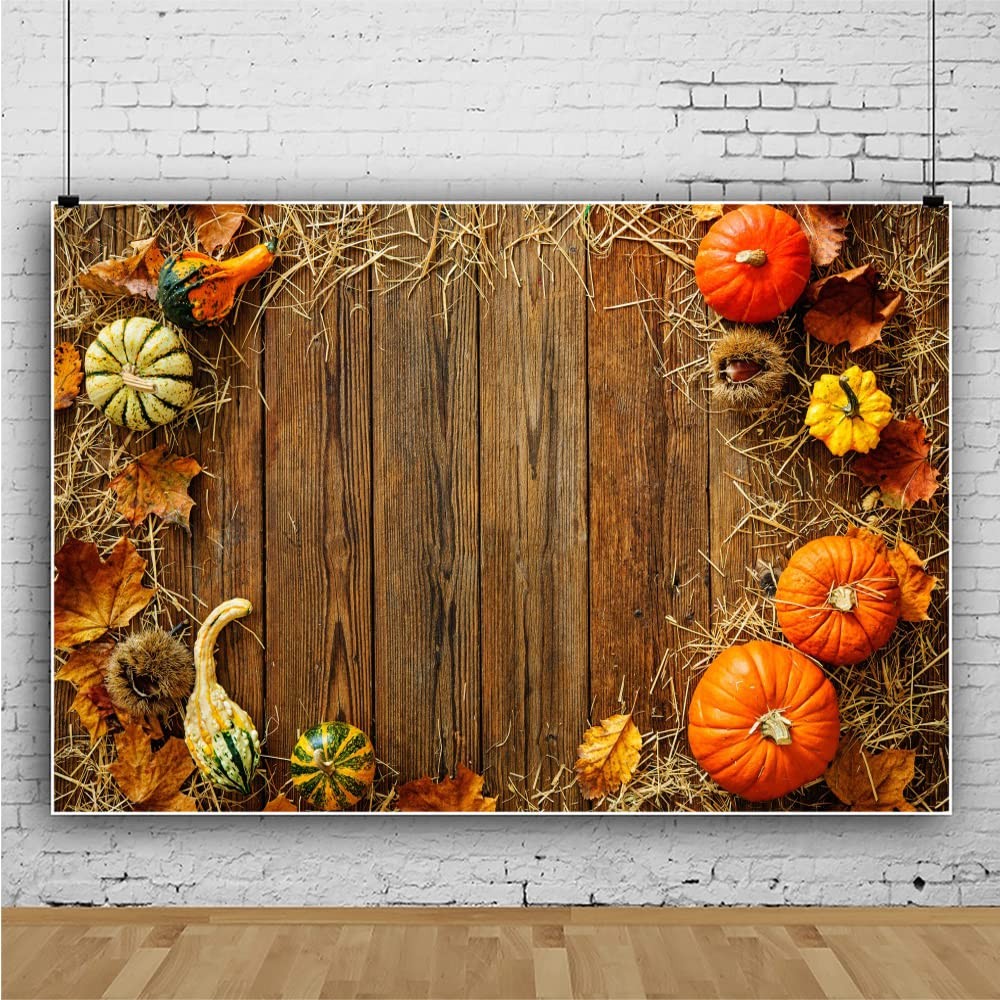 7x5ft Fall Harvest Backdrop Brown Grunge Wood Board Pumpkins Dry Hay Leaves