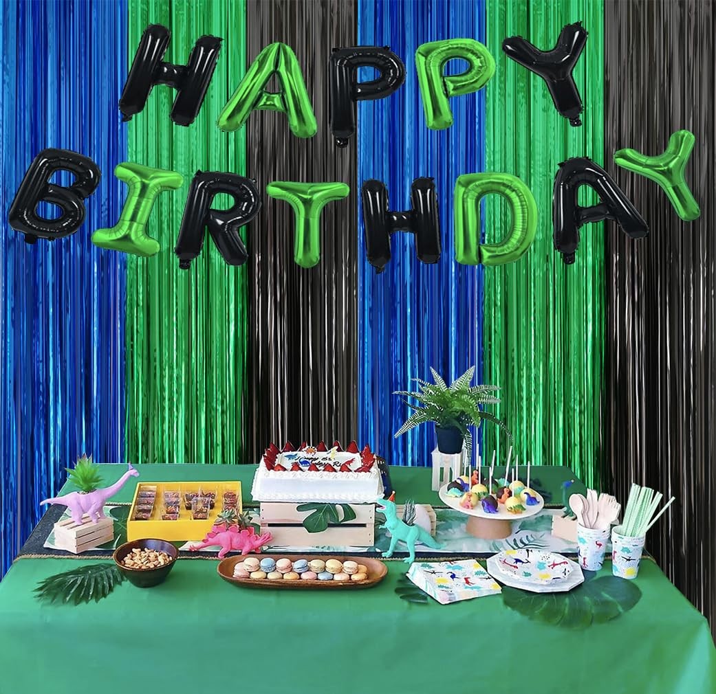 3.3×6.6 Ft Blue Green Black Metallic Tinsel Foil Fringe Backdrop Streamers 2 PCS