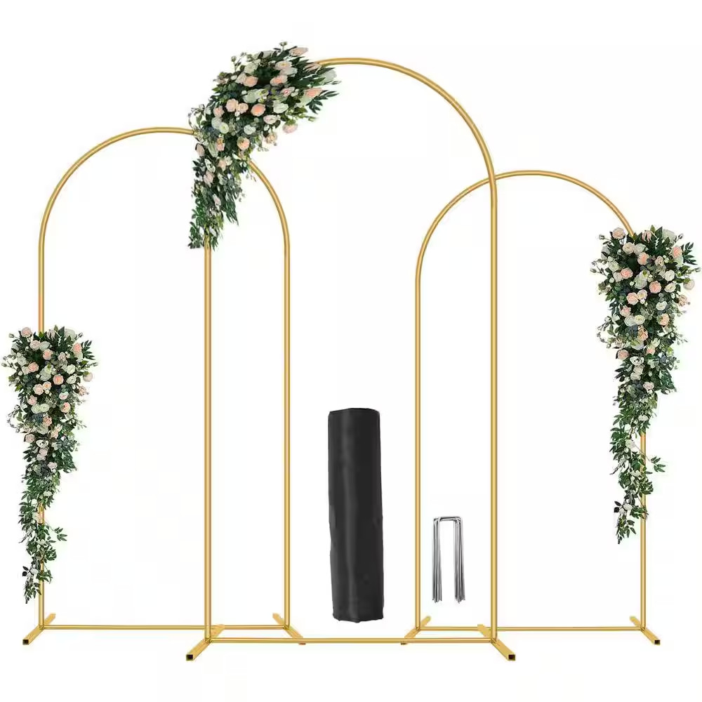 Set of 3 Gold Metal Wedding Arch Backdrop Stand 7.2 Ft. 6.6 Ft. 6 Ft. for Ceremo
