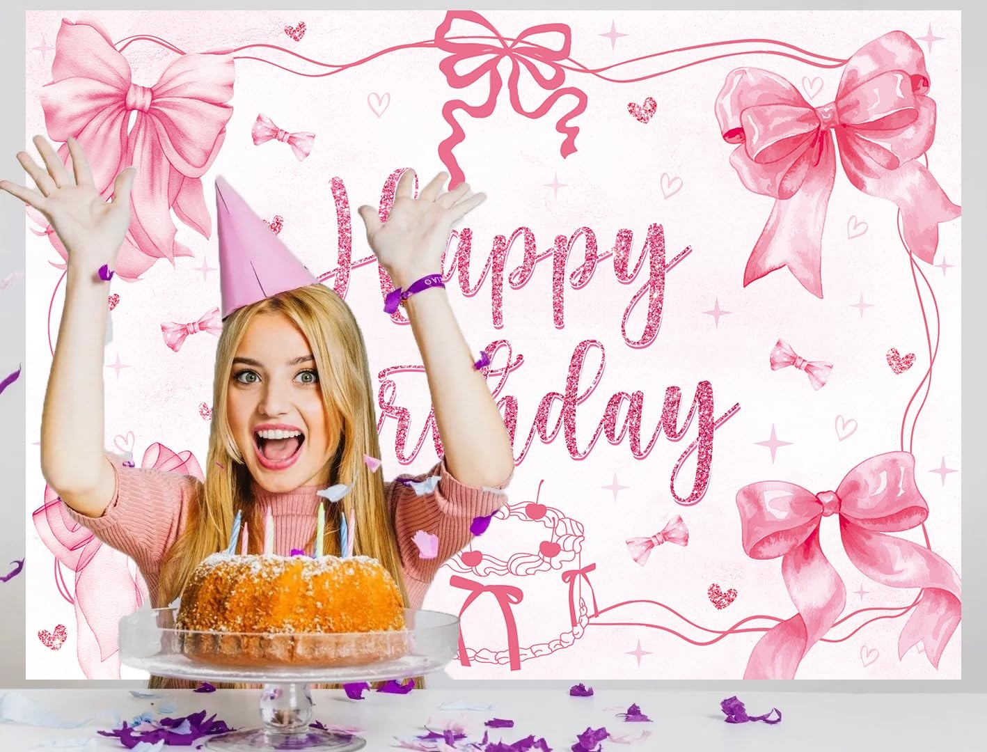 Pink Bow Coquette Happy Birthday Party Theme Photo Backdrop 7x5ft Banner