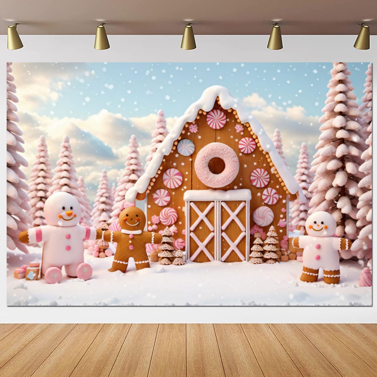 Yeele 10x8ft Christmas Village Photography Backdrop Cartoon Pink Gingerbread Man