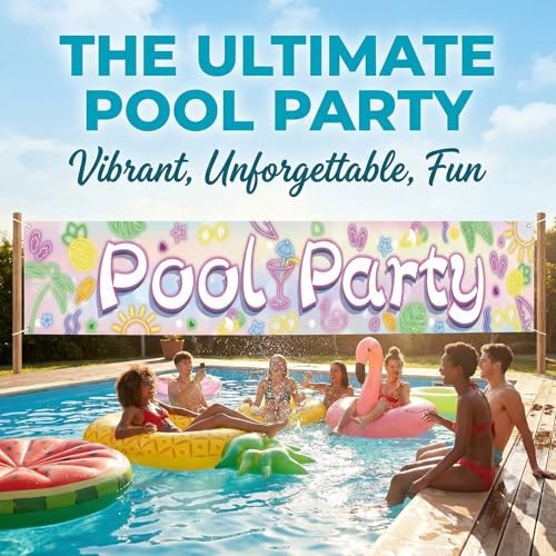 Colorful Birthday Backdrop Banner for Party, Large Photo Pool Party Blue