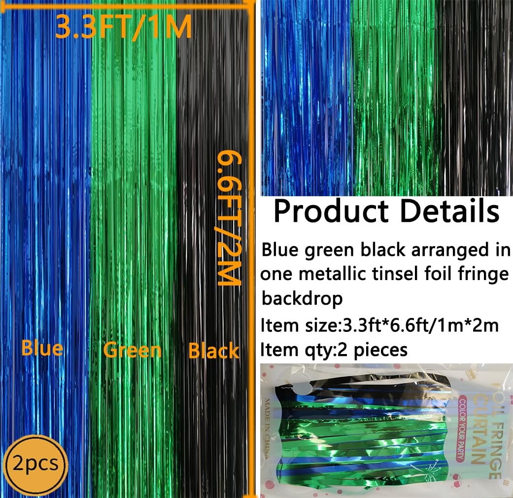 3.3×6.6 Ft Blue Green Black Metallic Tinsel Foil Fringe Backdrop Streamers 2 PCS