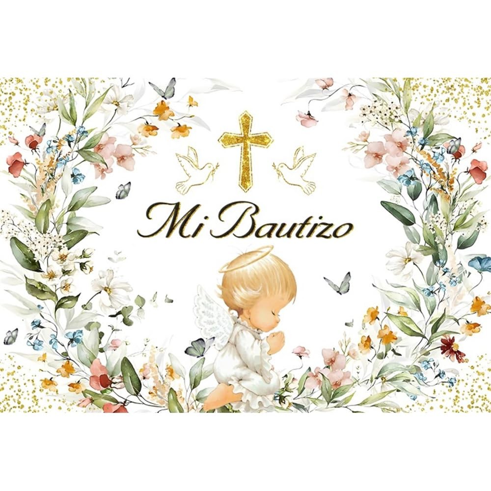Green God Bless Baptism Backdrop Pink Floral Gold Cross for First Communion