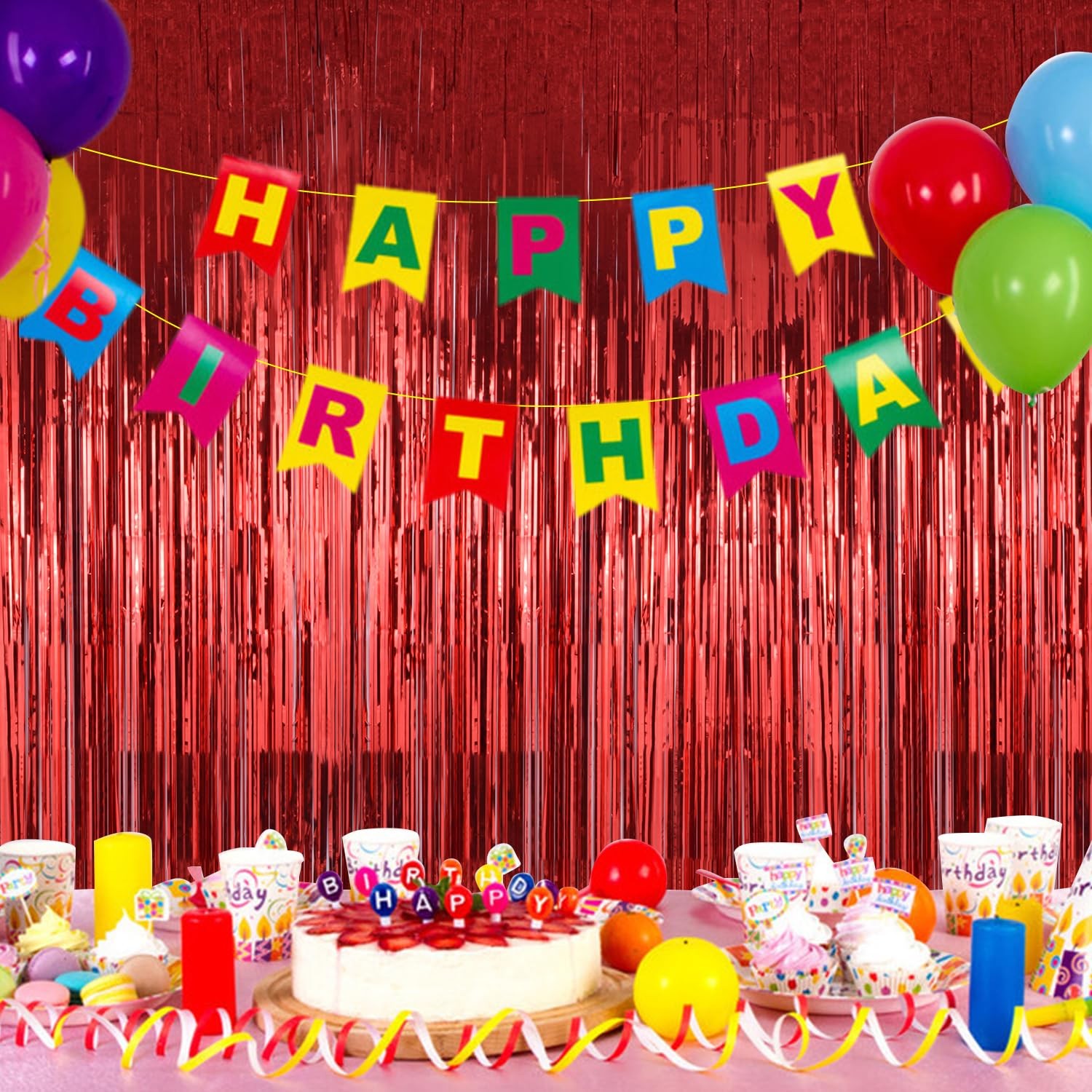 2 Pack Red Curtains Backdrop Tinsel Streamers Party Decorations 3.3×8.2 Ft