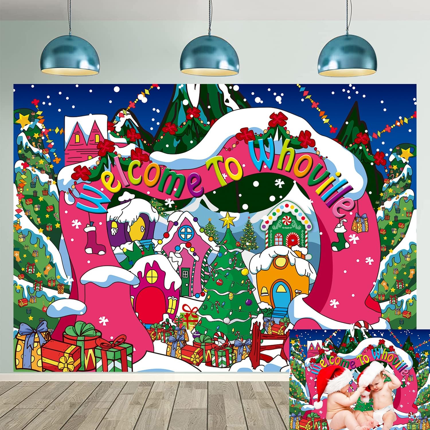 Welcome to Whoville Backdrop 7x5FT Winter Christmas Village 7x5FT, blue