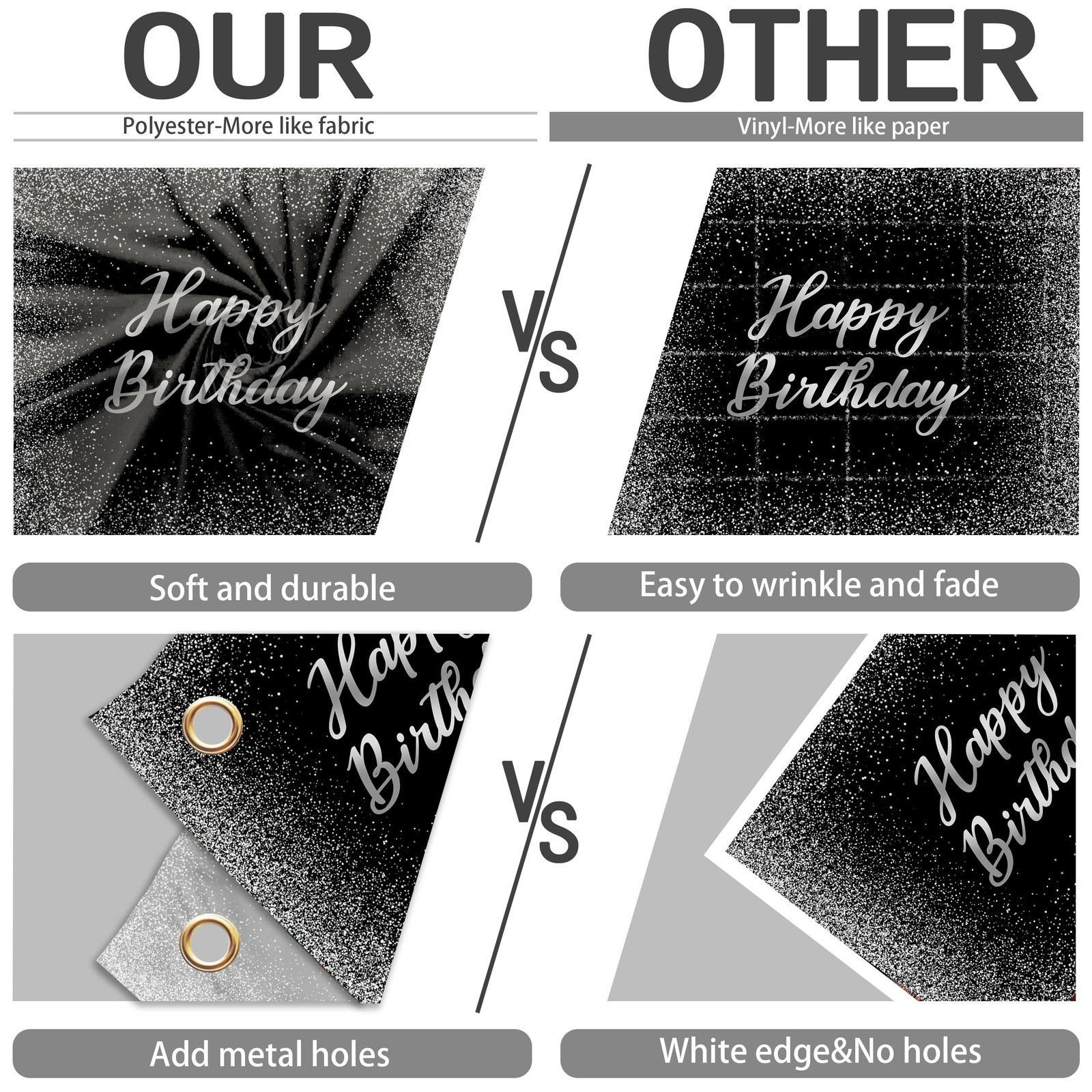 Happy Birthday Backdrops 12×8 FT Black and Silver Glitter Spots Happy Birthda…