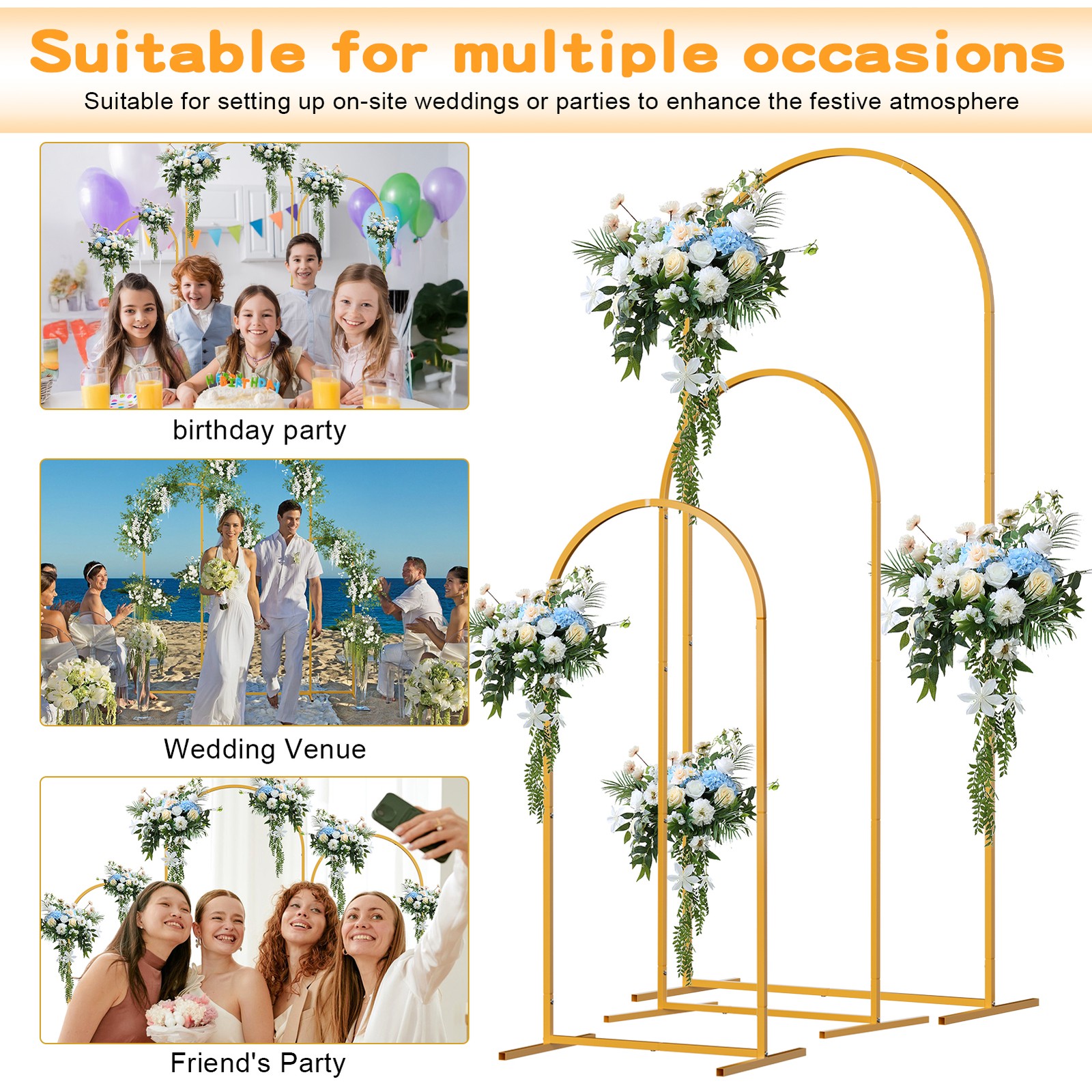 Set of 3 Arch Backdrop Stand Metal Wedding Arch Stand Frame 7.2ft 6.6ft 6ft