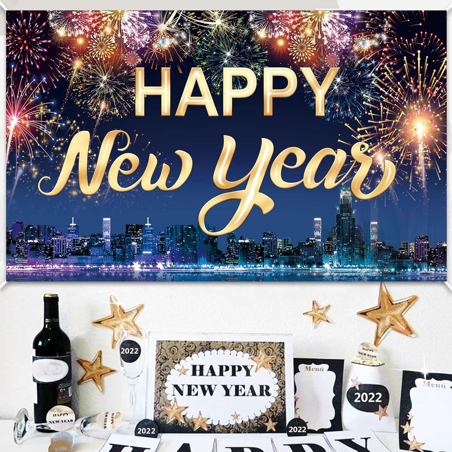 Famoby Happy New Year Fabric Sign Poster Banner Backdrop with Fireworks Large