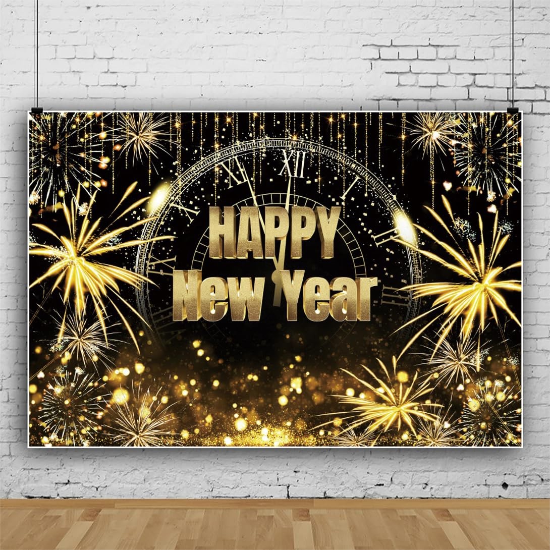 Happy New Year Backdrop Firework Gold Shining Champagne Wine Glasses Black Go…
