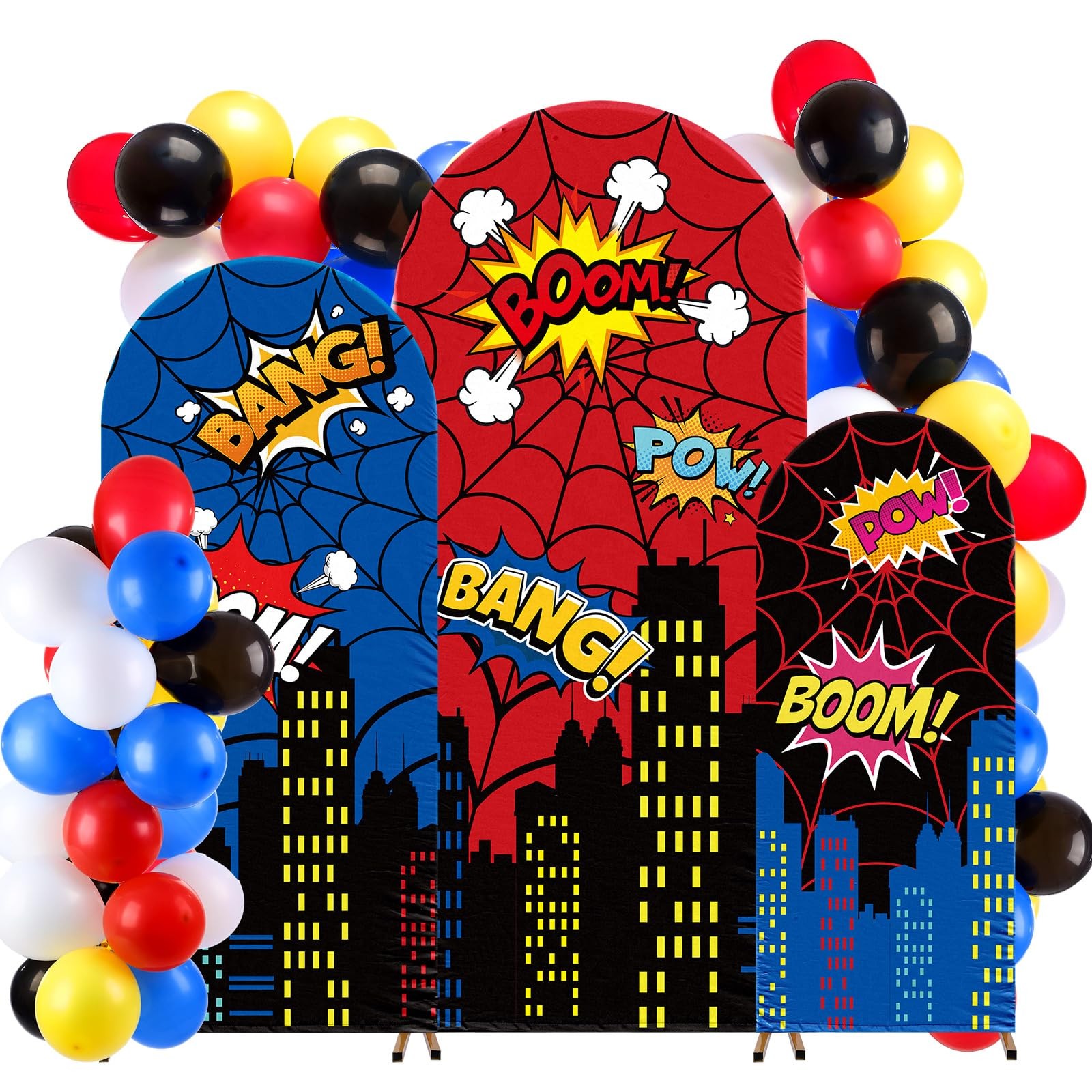 3 Pcs Spider Web Arch Backdrop Cover with Balloons Spider Birthday Party Deco…