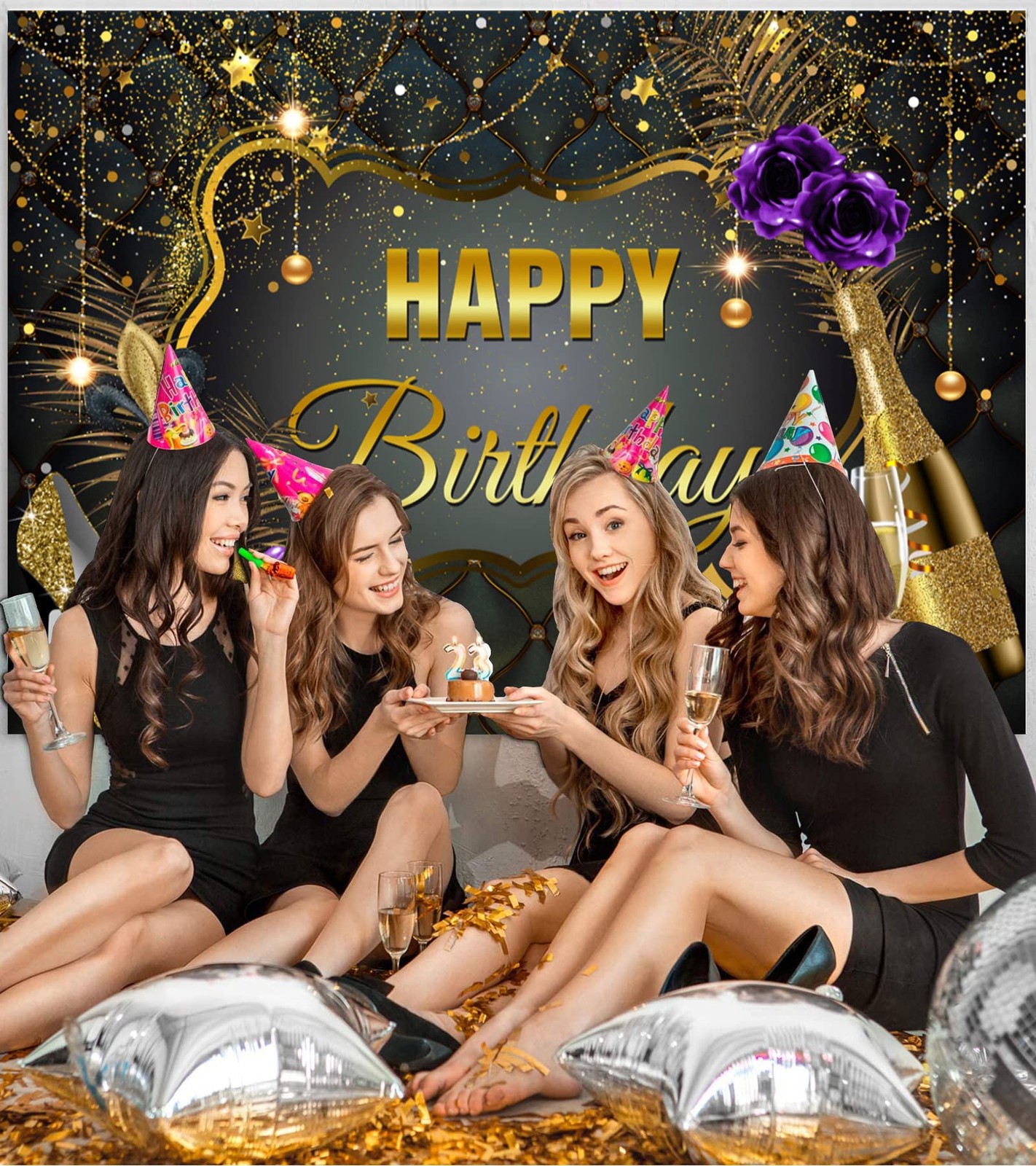Black and Gold Happy Birthday Backdrop Banner for Women Sequin High Heel Cham…