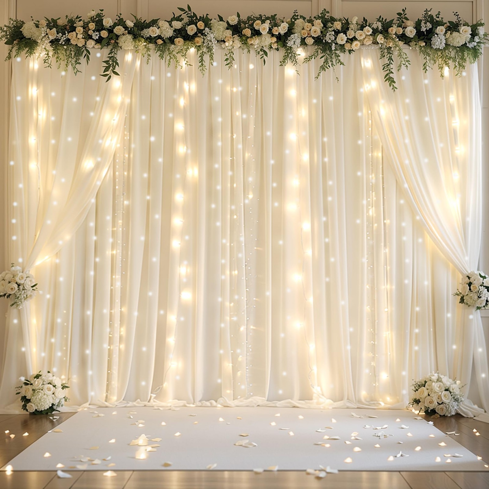 10ft x 10ft Ivory Chiffon Backdrop Curtain with Lights String for Parties2 Pa…