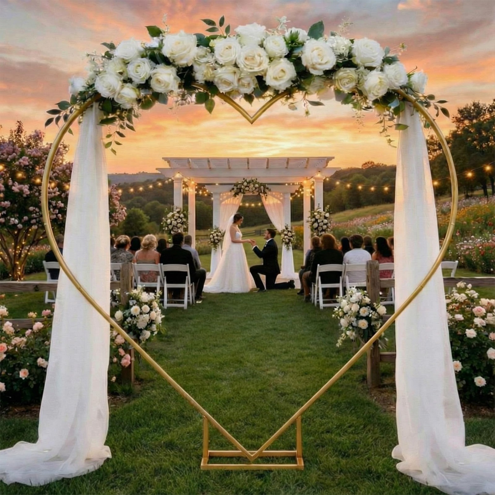 Gold 7ft Heart Arch Stand for Wedding, Metal Love Balloon Column Arch Frame w…