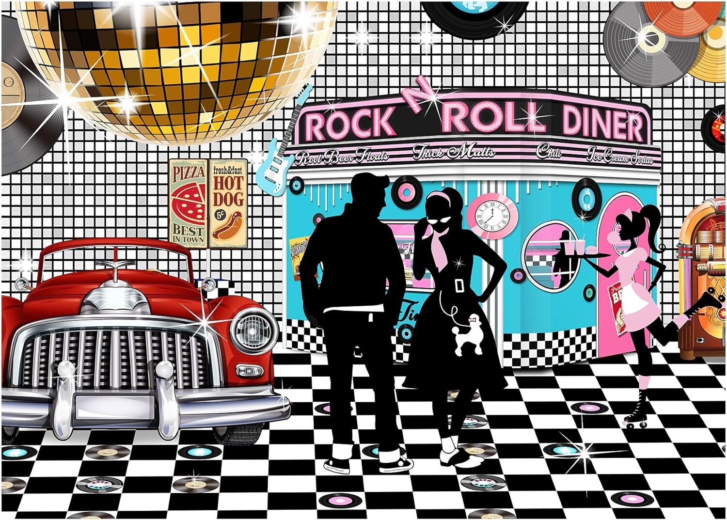 Vibrant 50s Diner Photo Booth Backdrop 7×5 Feet – Perfect for Nostalgic Events