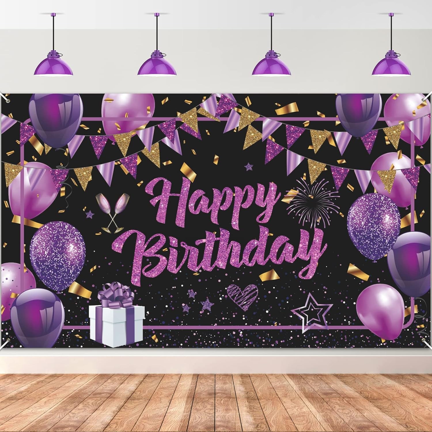 Purple Happy Birthday Banner – Black Gold Party Decorations Large,