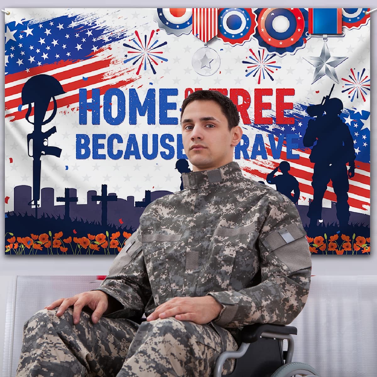 Patriotic Soldier Backdrop,4th of July Home of The Free Photo Background Banner.