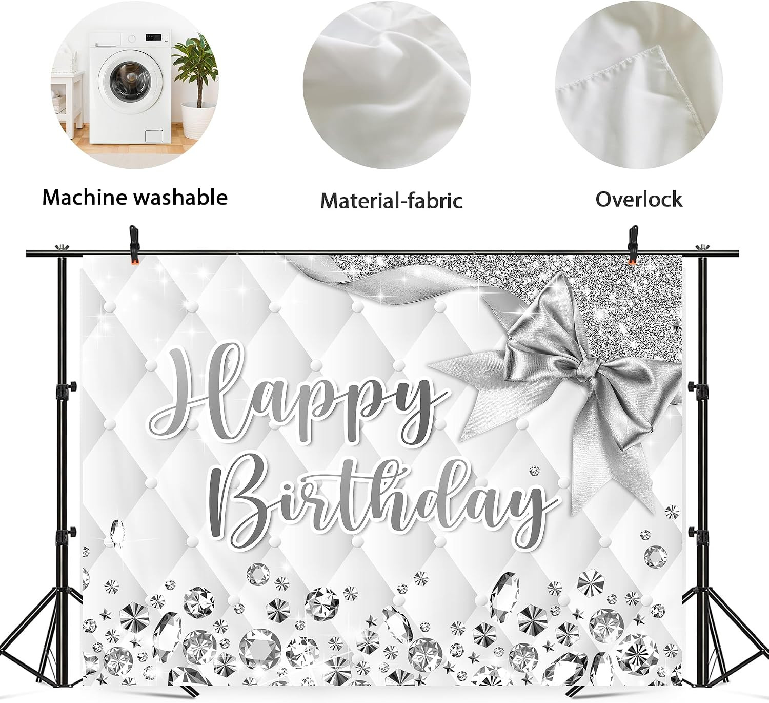 White and Silver Birthday Backdrop 7Wx5H Photography Happy Birthday Backdrop …