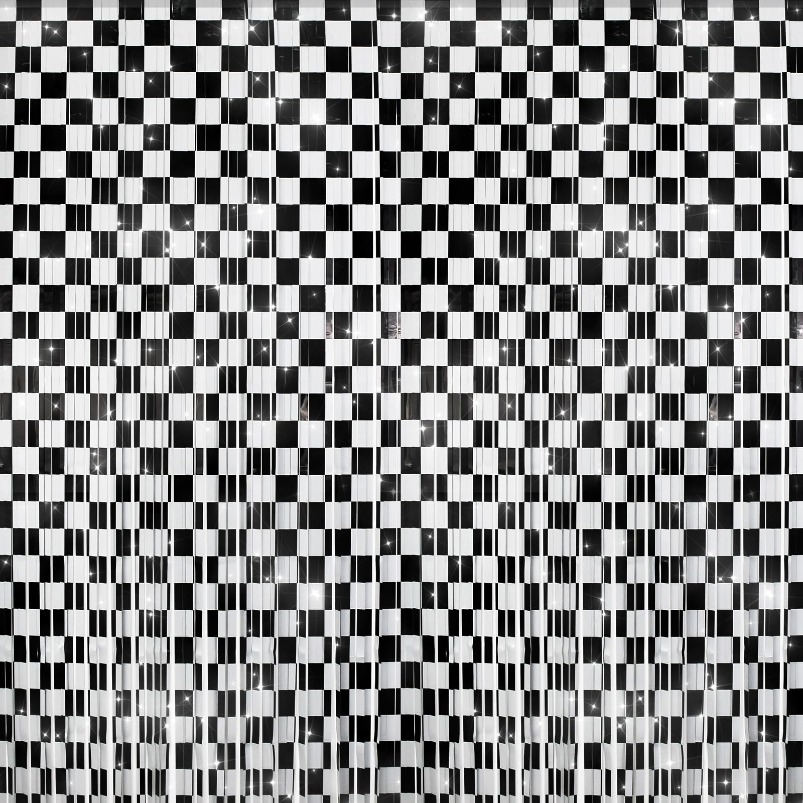 Black White Race Car Foil Fringe Curtains 3.28×6.56 Ft 4 Pack Theme Decor