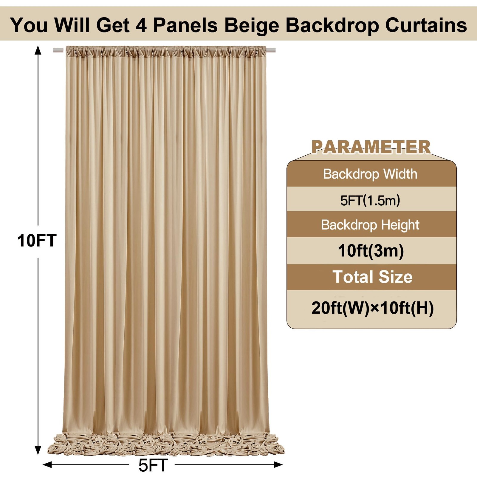 20ft x 10ft Beige Backdrop Curtains for Parties Weddings, 4 Panels 5×10ft Sof…
