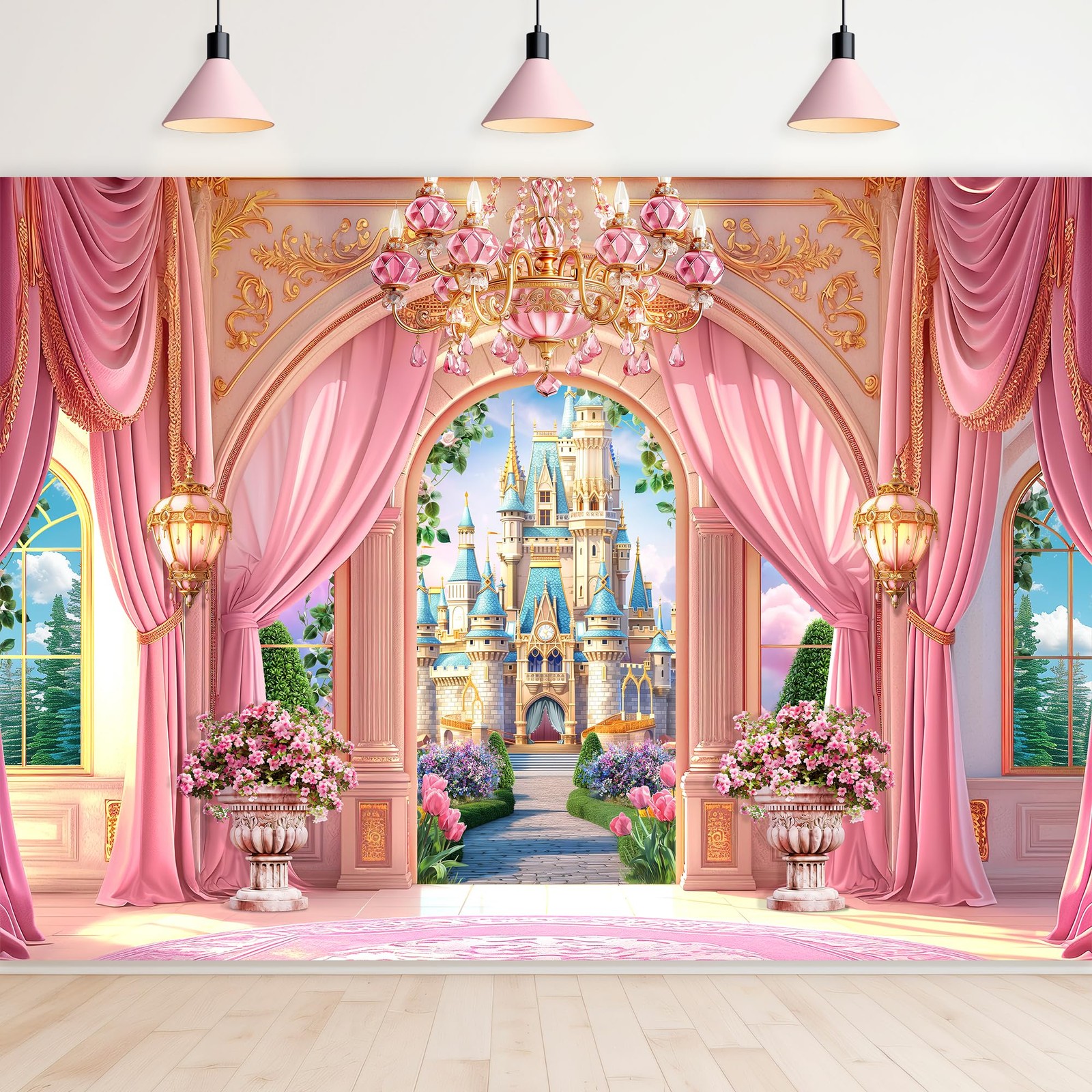 Princess Castle Garden Backdrop 8Wx6H Photography Pink Palace Curtain Crystal…