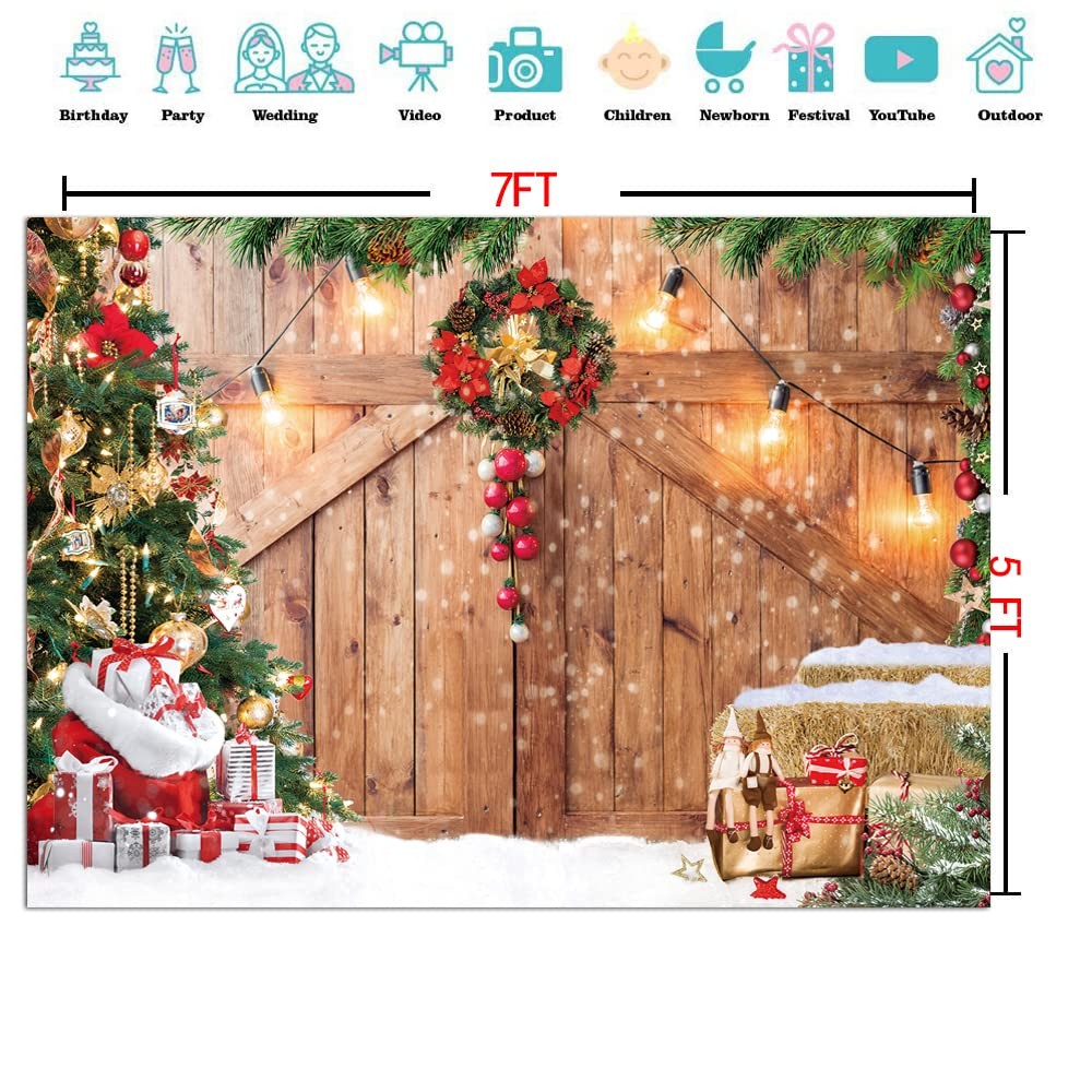 CYLYH 7x5FT Christmas Barn Wood Door Photography Backdrop Xmas Tree Snow Gift…