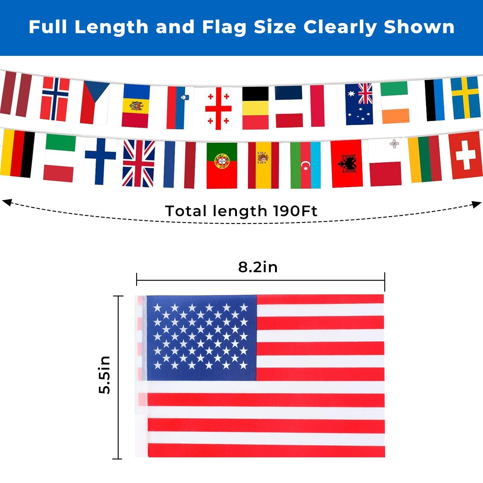 200 Country Flags Banner 190ft, Pre-Strung Reusable Polyester Flags of the Wo…