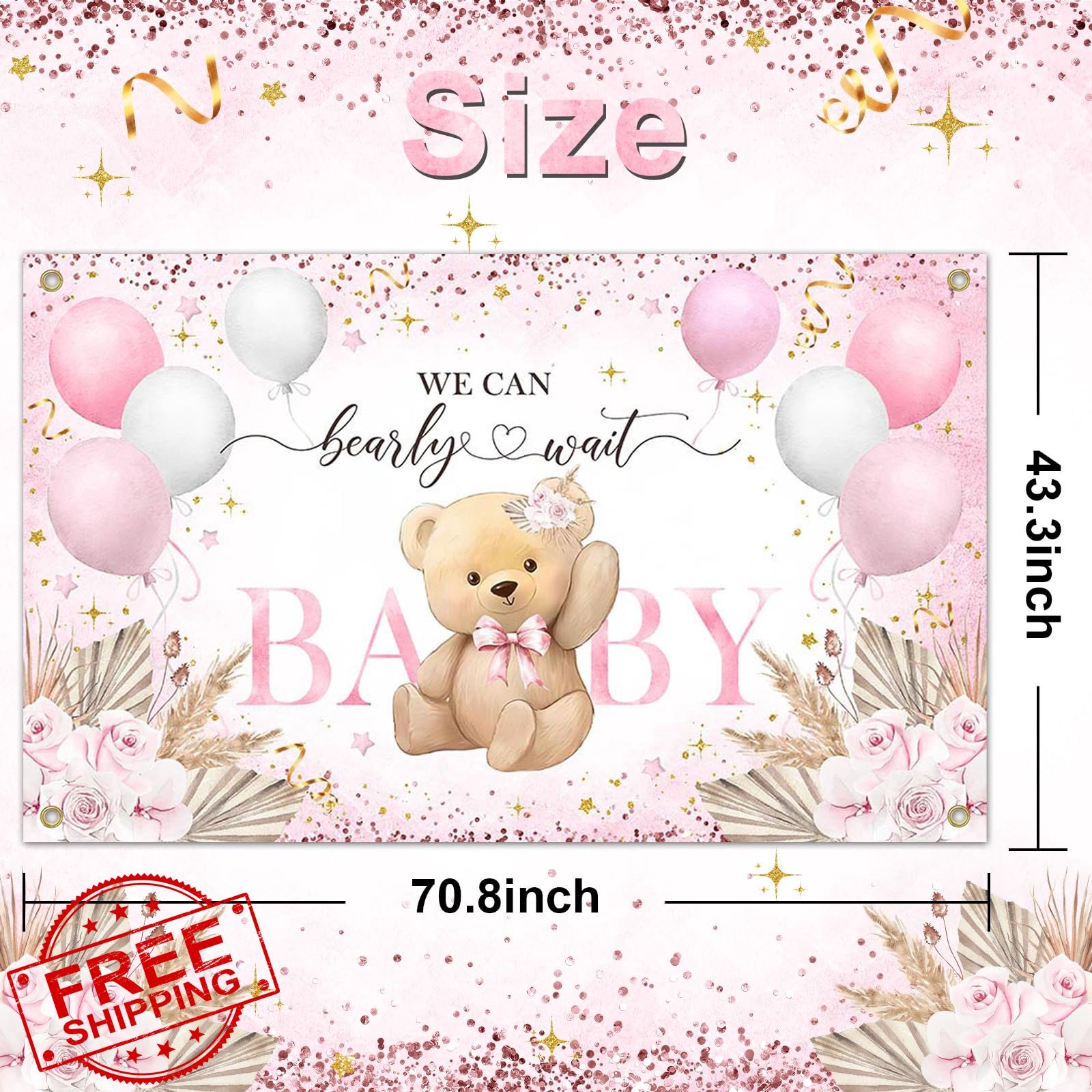 Lecheme Pink Bear Baby Shower Backdrop 6×3.6 ft