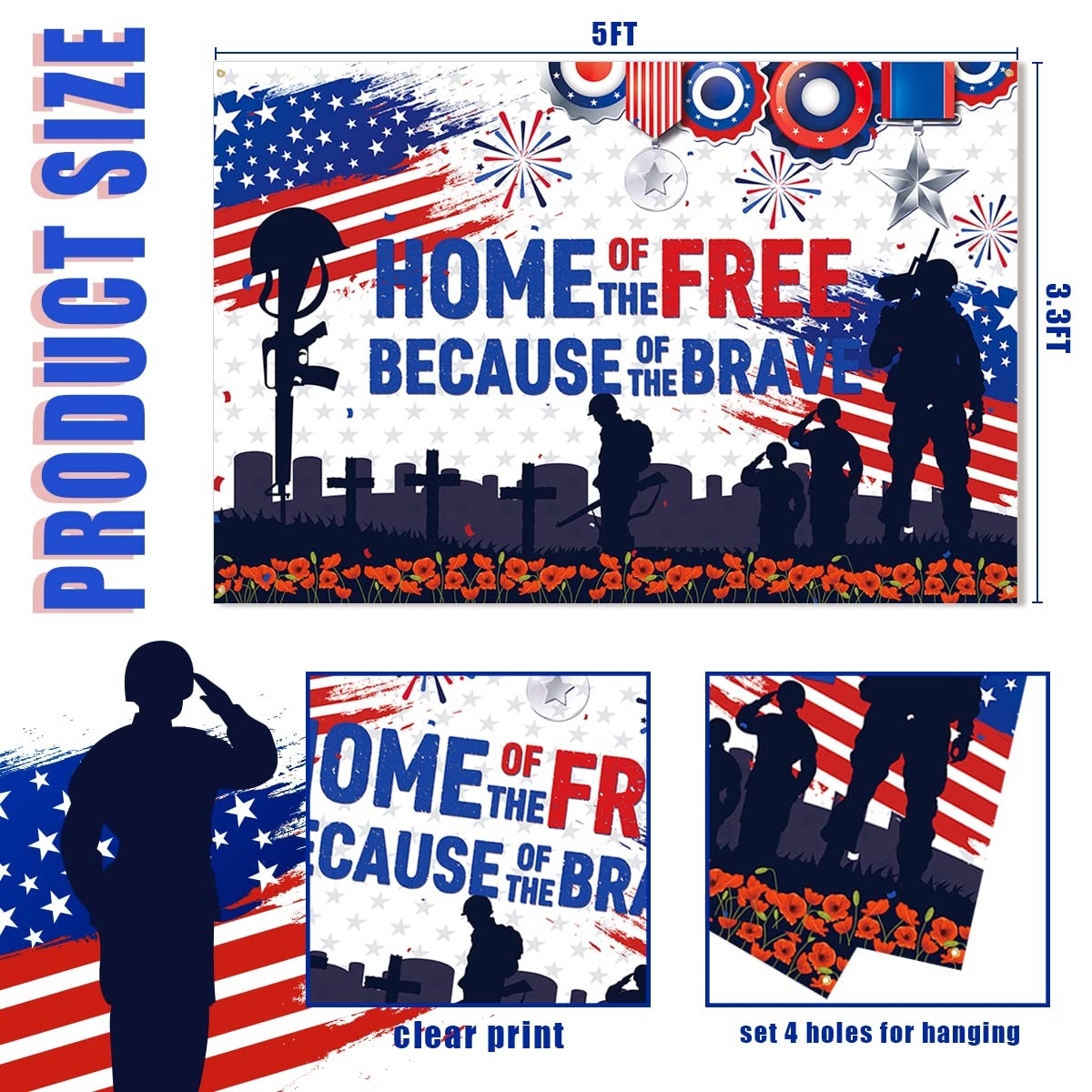 Patriotic Soldier Backdrop,4th of July Home of The Free Photo Background Banner.