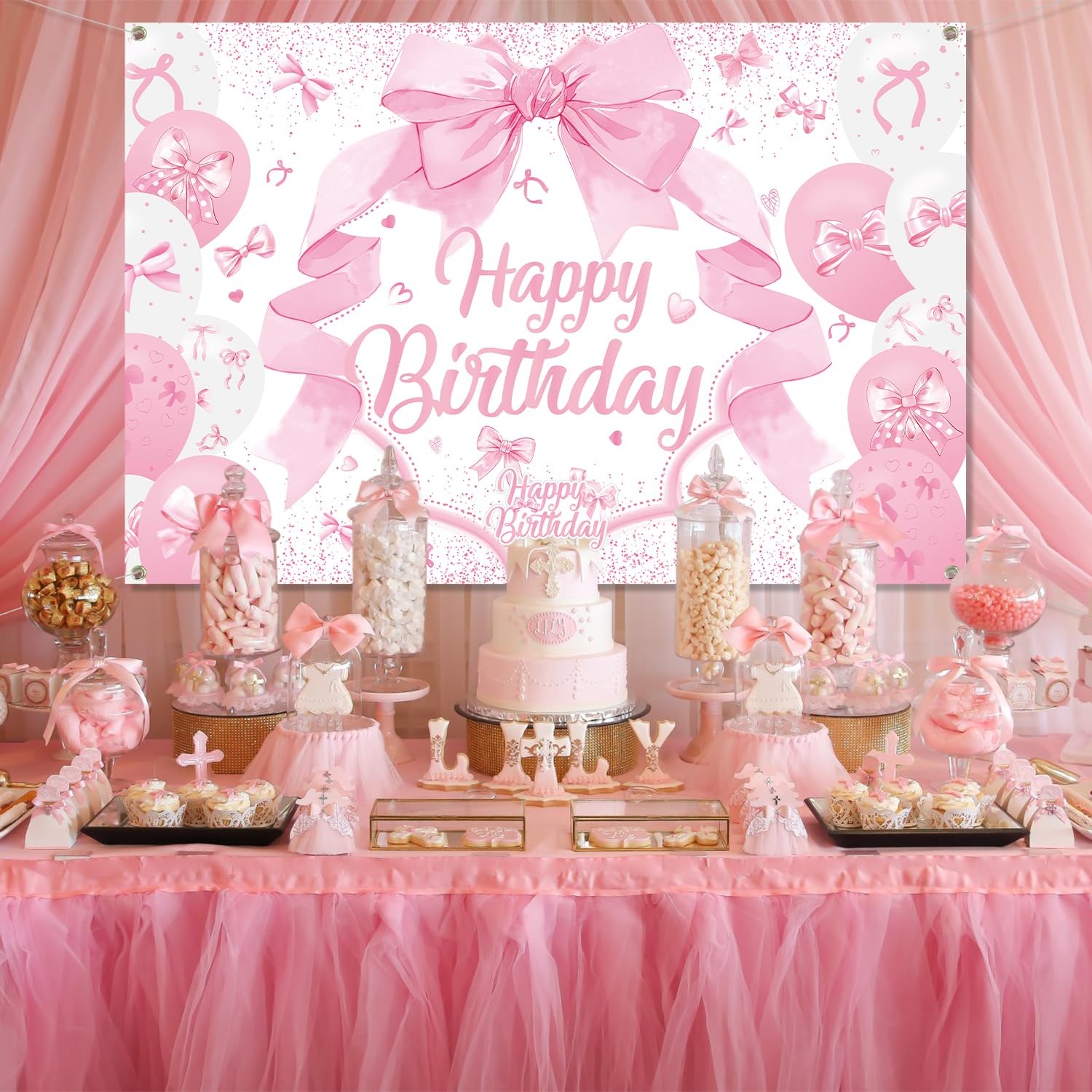 Pink Bow Coquette Girl Happy Birthday Decoration Photo Backdrop 71×47 In