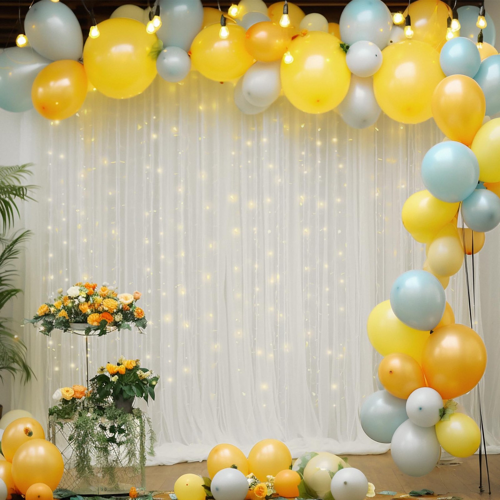 30×10ft White Tulle Backdrop Curtain with Lights String for Parties, Sheer Ph…