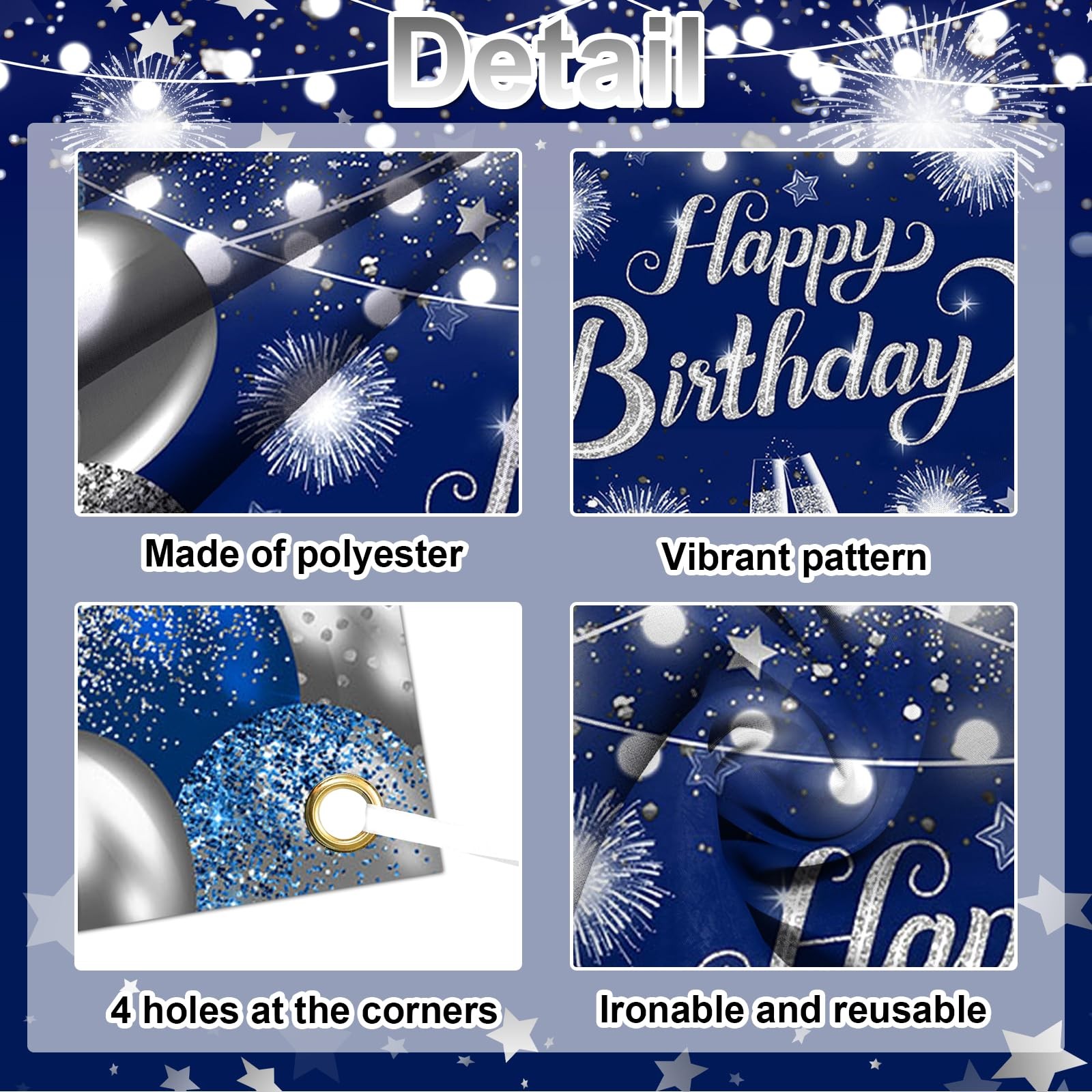 Blue Birthday Banner 6×3.6 ft Blue Silver Backdrop for Men Birthday Party Dec…