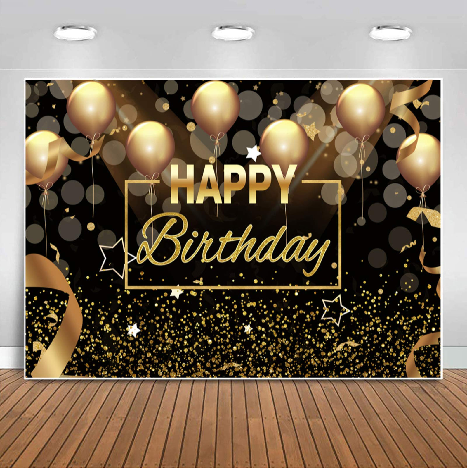 Happy Birthday Party Backdrop Banner Black Gold Balloons Glitter Bokeh Spots …