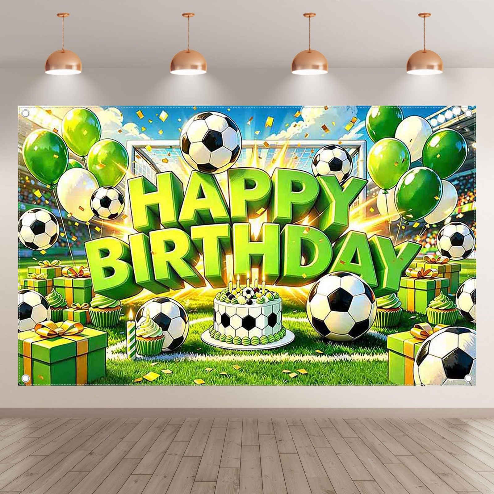 72x43inch Green Soccer Happy Birthday Backdrop Cartoon Football Game Cake Bal…