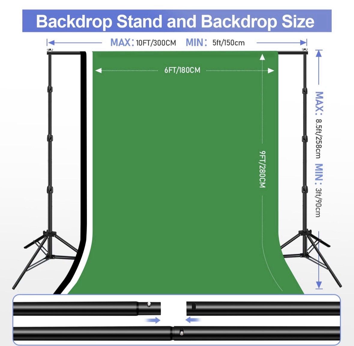 8.5x10ft Green Screen Backdrop Kit with 6x9ft Polyester Backdrop(Black/White/…