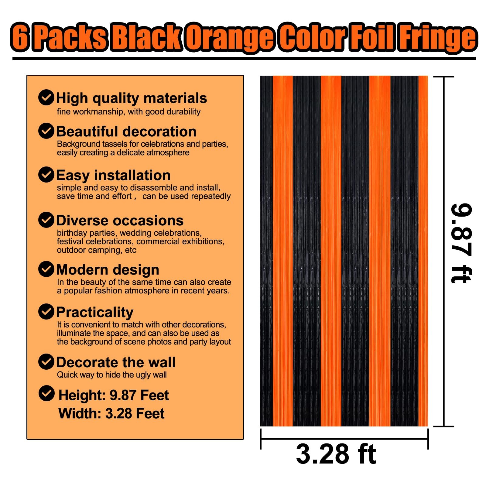 6 PCS Black Orange Foil Fringe Curtain Backdrop 3.28Ftx9.8Ft Metallic Tinsel