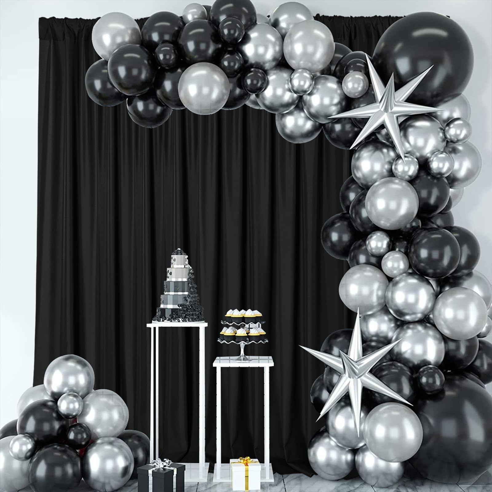2 Panels Black 10×10 FT Polyester Backdrop Curtains Rod Pocket Party Wedding