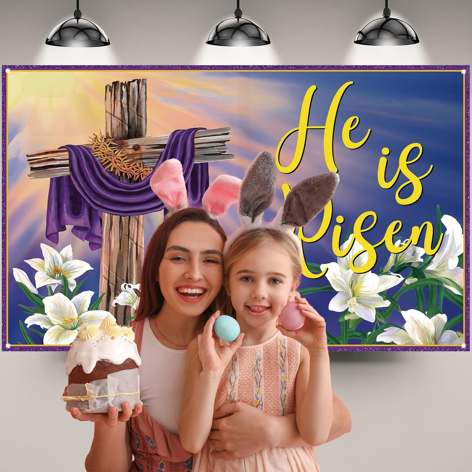 He is Risen Backdrop for Photography Lily Cross 71 inches x 43 inches, Purple