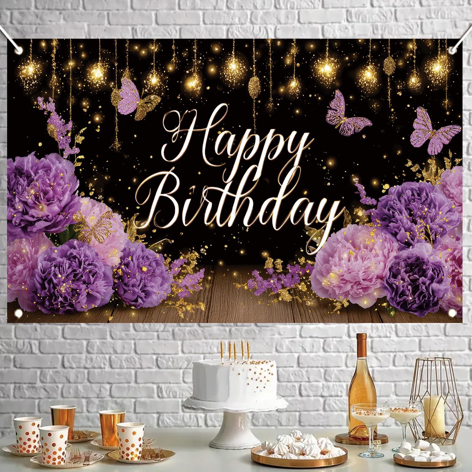 Purple Happy Birthday Backdrop 71 x 43 Inch Floral Butterfly Gold Glitter Photog
