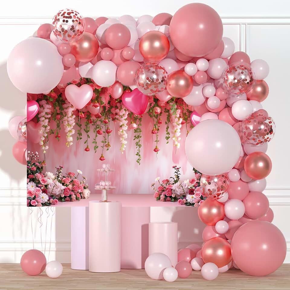 Flowers Wall Backdrop Pink Flowers Love Heart Balloons Romantic Photography B…