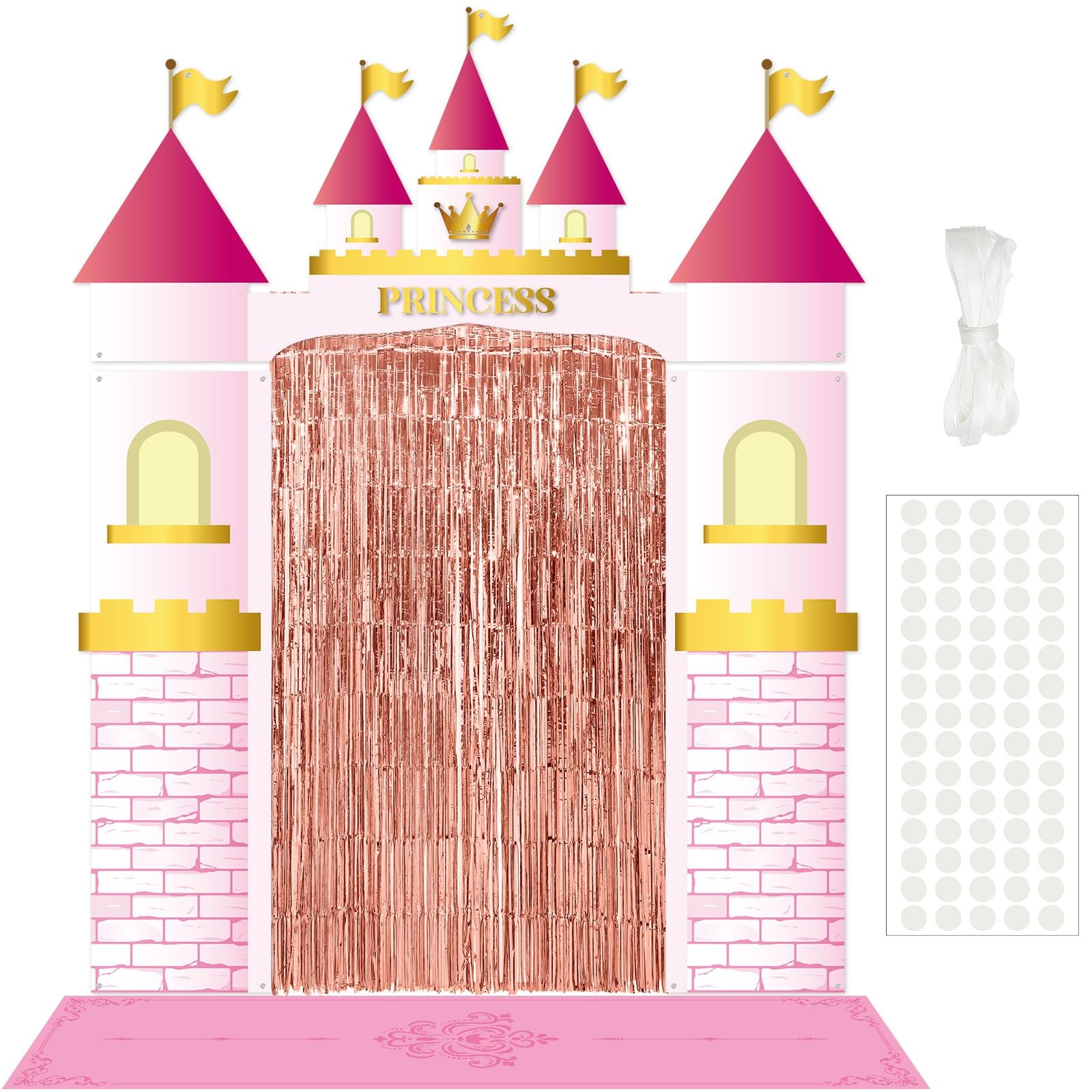 7pcs Princess Party Decorations Castle Porch Banners Pink Rug Rose Foil Fring…