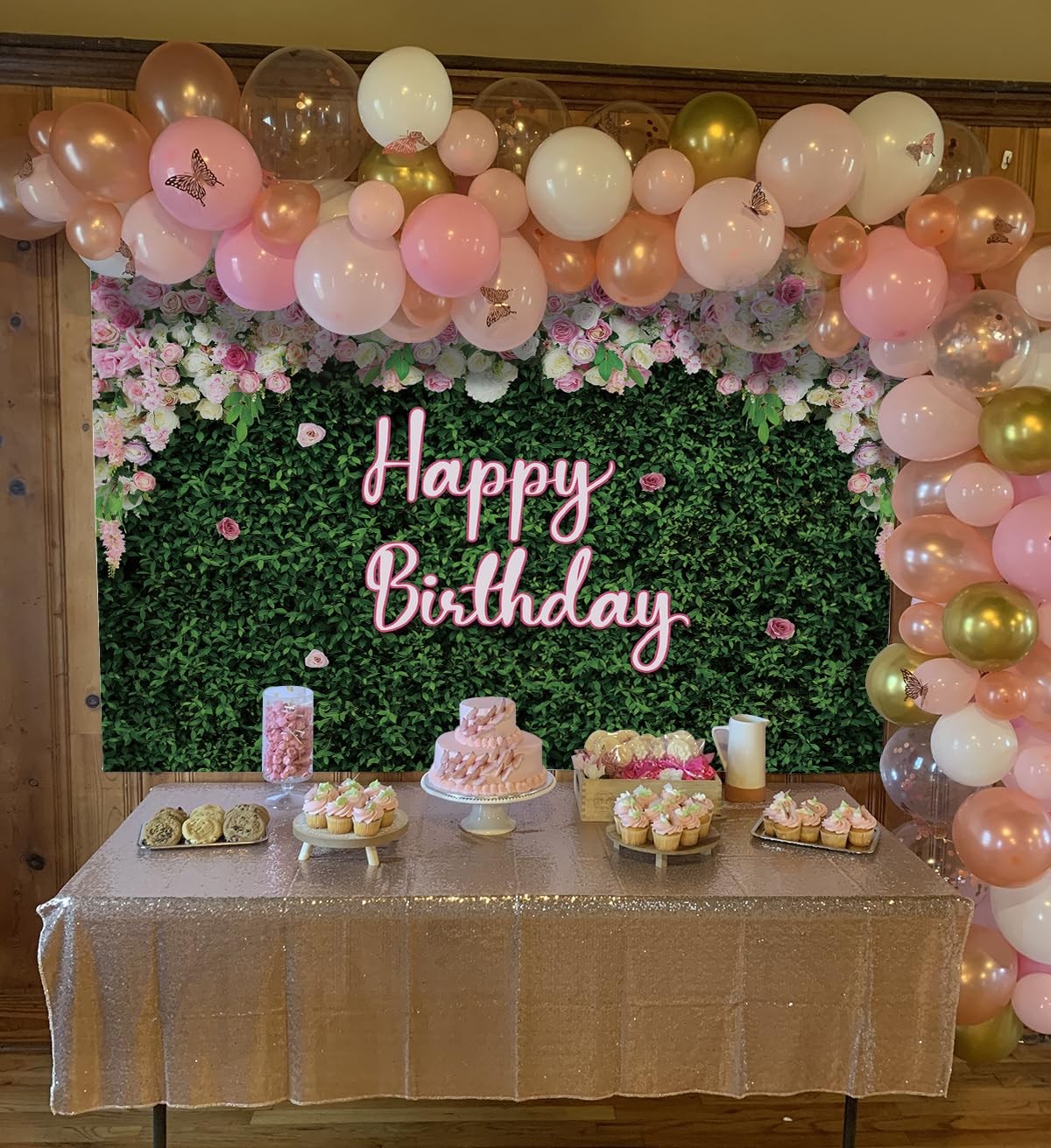 7x5ft Green Leaves Pink Rose Floral Wall Girl Birthday Photo Backdrop